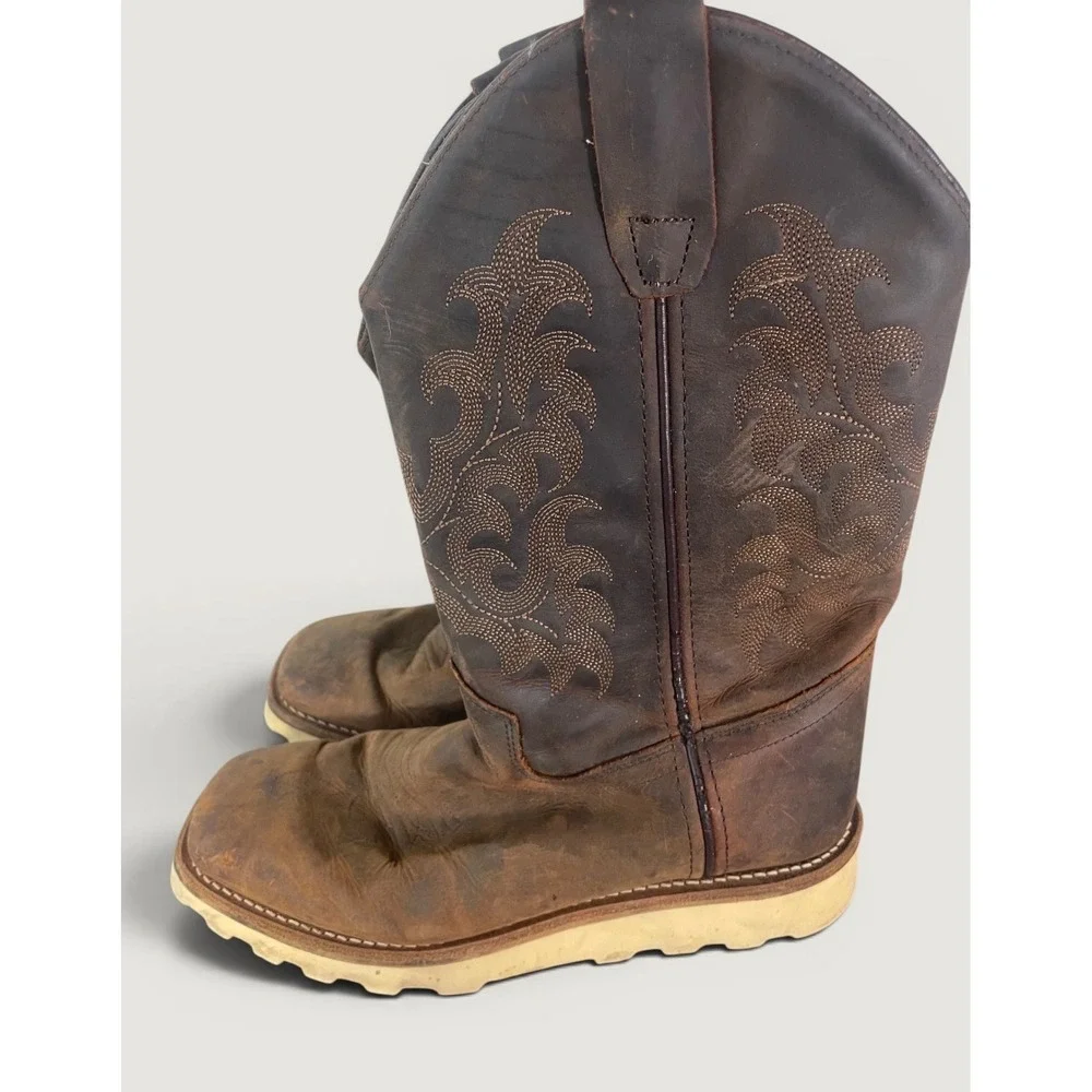 Old West Boys Brown Leather Western Cowboy Boots Square Toe Wedge Sole 4.5D